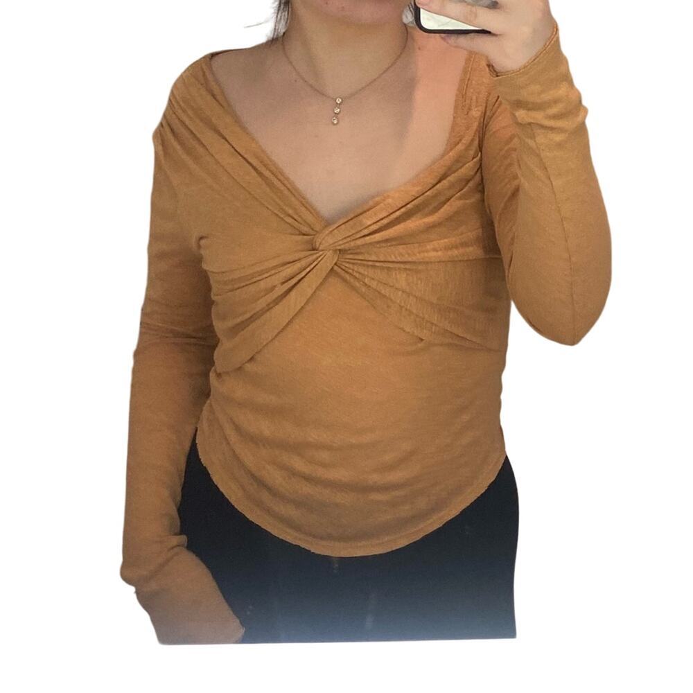 Free People Light Orange Sweetheart Neckline Front Twist Long Sleeve Top